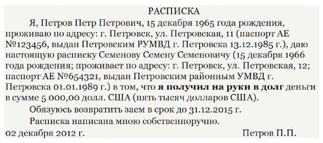 Расписка о получении денег образец от руки как пишется